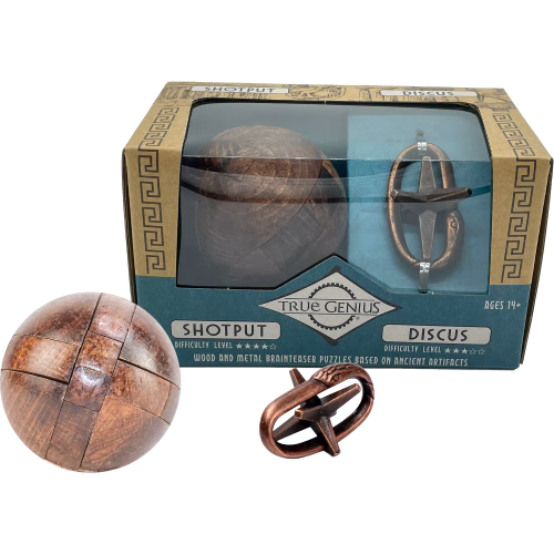 Houten en metalen breinbreker Shotput en Discus puzzelset